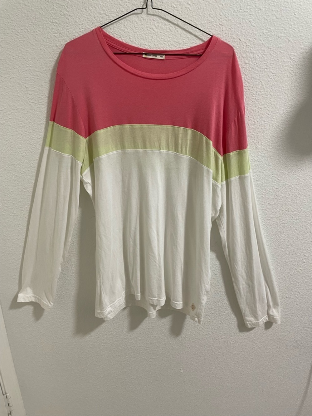 Marine layer White Long Sleeve Tee with Pink Stripe Logo & Lime Shoulder Accent